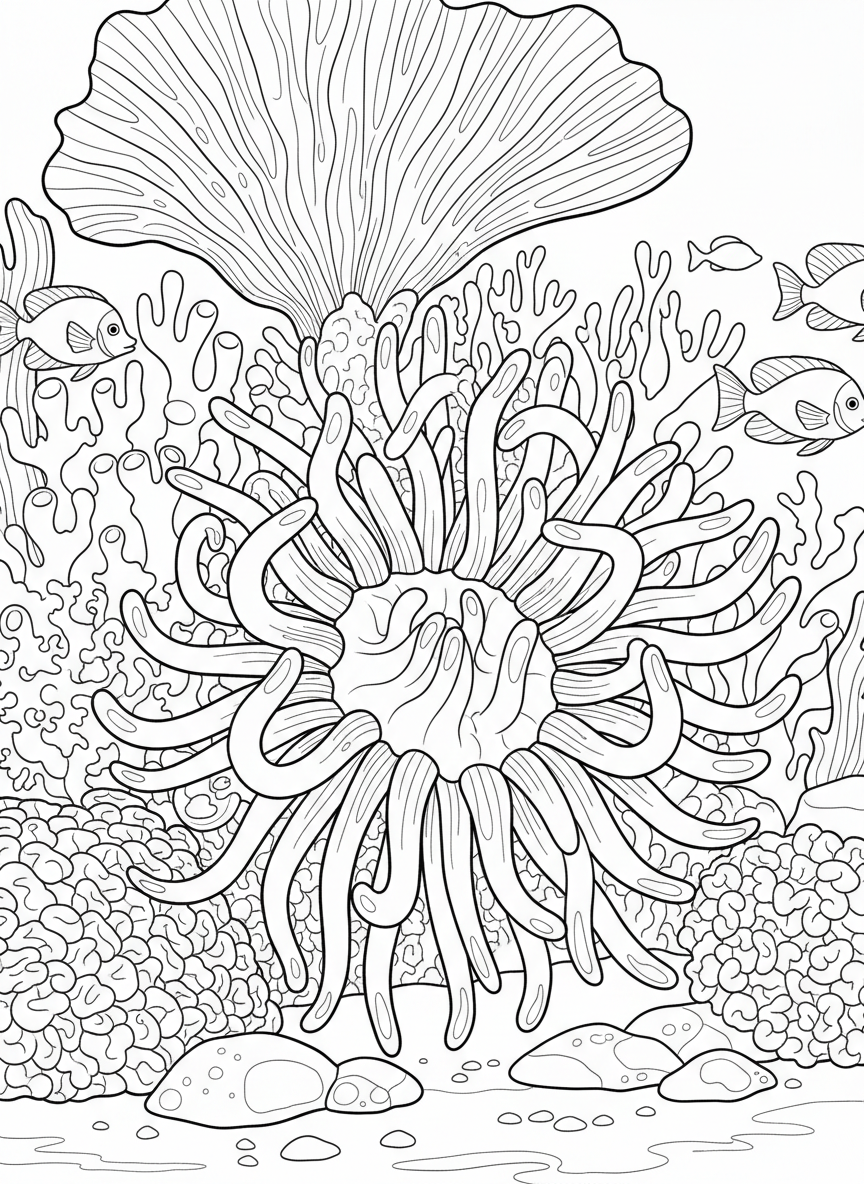 Close-up view of a sea anemone's tentacles spreading out like flower petals, with detailed texture lines for older kids to color