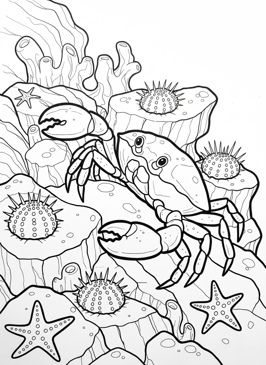 A curious crab walking sideways on coral rocks with sea urchins and starfish nearby, close-up view