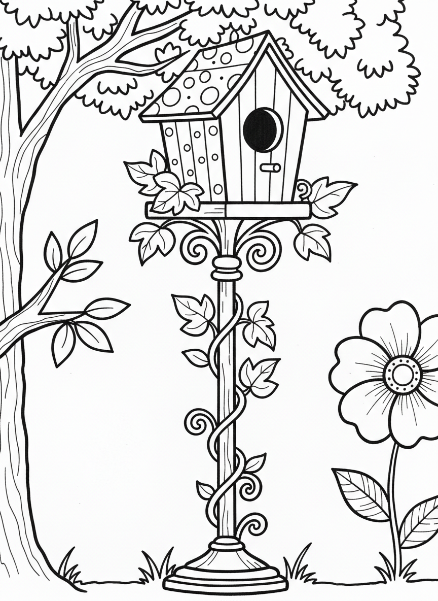 A colorful painted birdhouse with polka dots and stripes, mounted on a decorative pole with vines