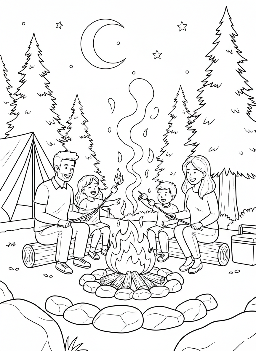 Summer Vacation coloring page prompts capturing travel adventures, relaxed days, family trips, and sunny escapes.	An evening campfire moment roasting marshmallows, marking another memorable day of summer vacation.