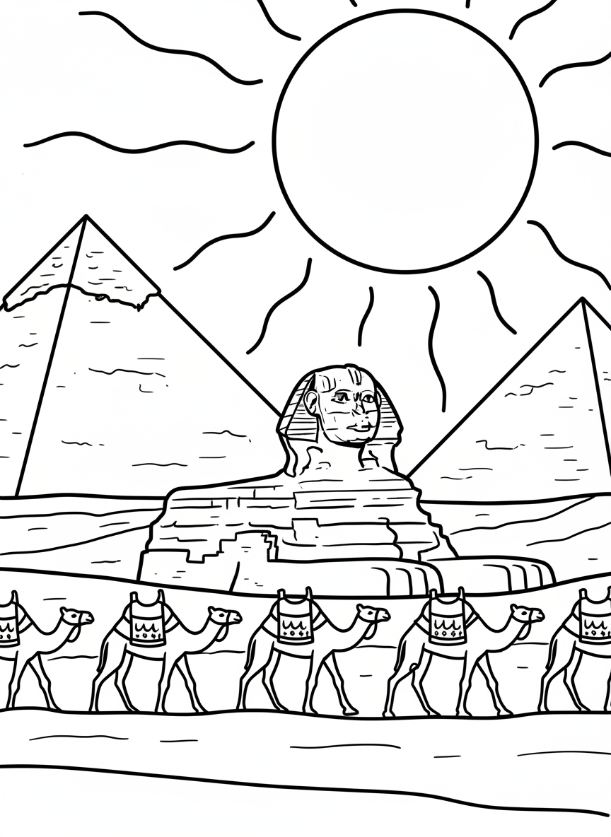 The Egyptian pyramids and Sphinx in the desert with a camel caravan walking past under the sun.