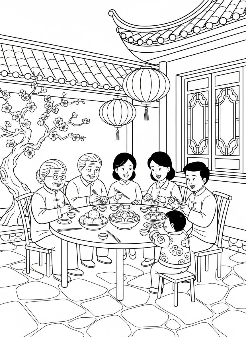 A family gathering around a round table with dumplings, oranges, and tea cups for Lunar New Year feast, detailed scene