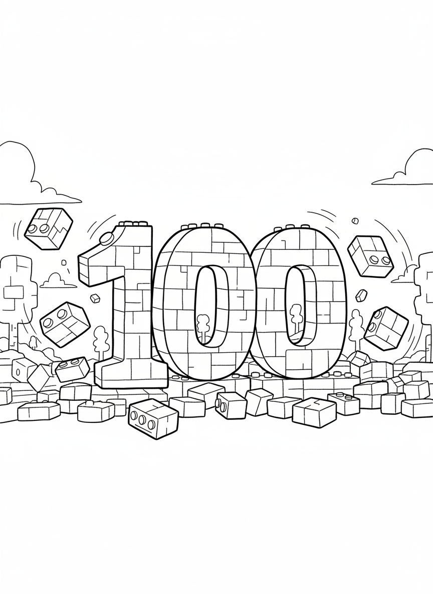 The number 100 made from building blocks stacked and arranged creatively with some tumbling around it
