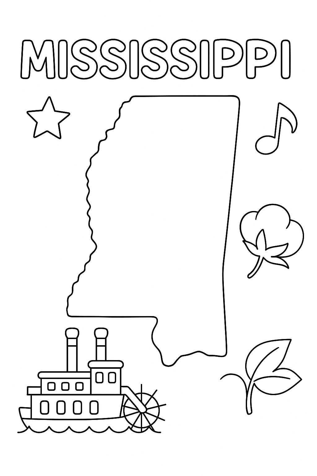 Write “Mississippi” once at the top in outlined letters. Make the map outline large and centered. Add one riverboat, one cotton flower, one note, and one star in corners.