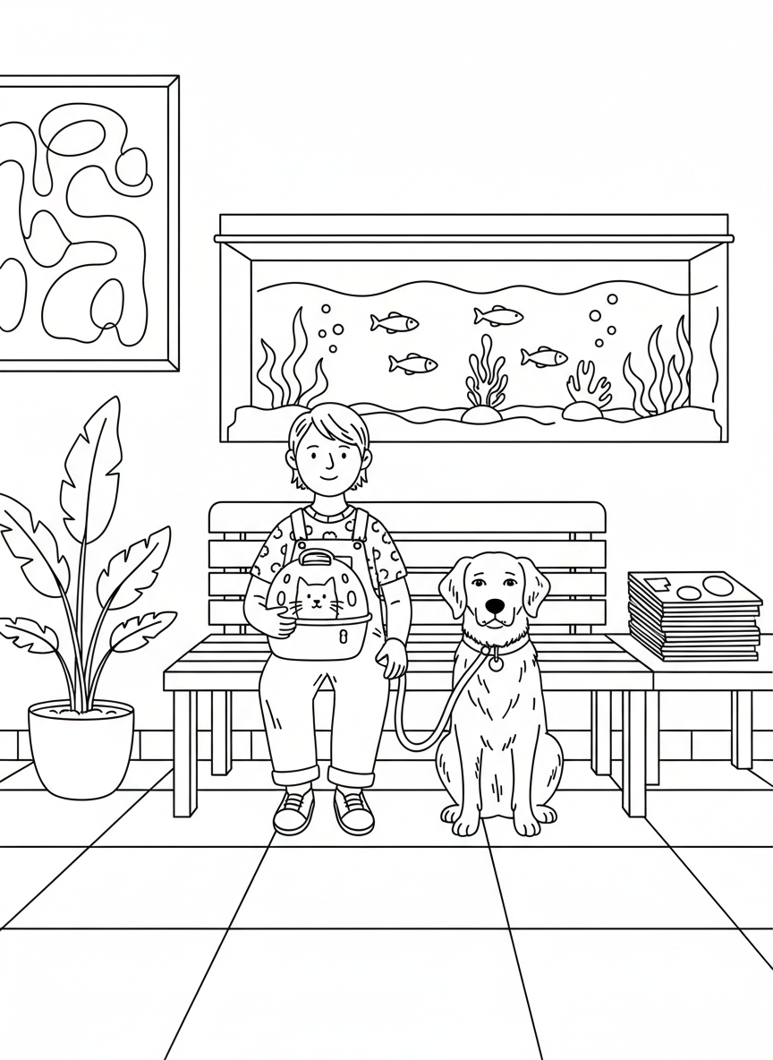 A waiting room scene with a child holding a cat carrier, a dog on a leash, and fish tank in the background