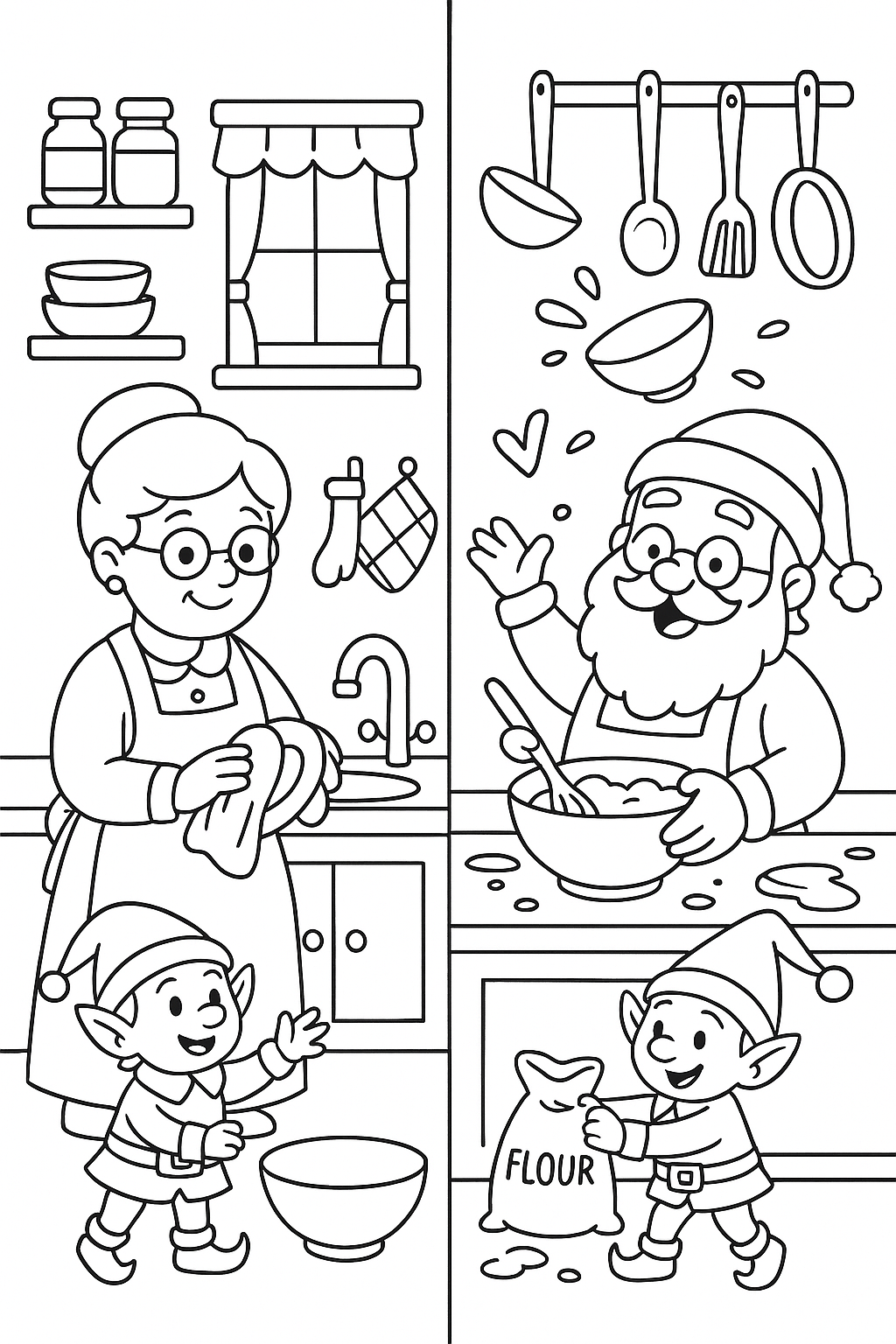 A split kitchen scene—Mrs. Claus tidy and organized, Mr. Claus chaotic with bowls flying and elves helping him.