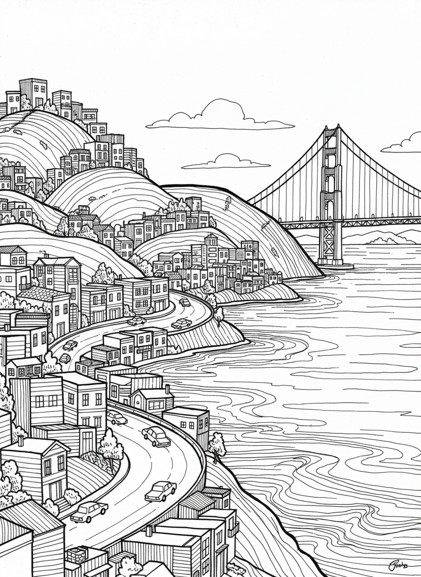 San Francisco cityscape showing rolling hills with houses, streets, and the bay visible in the distance, panoramic line art view.