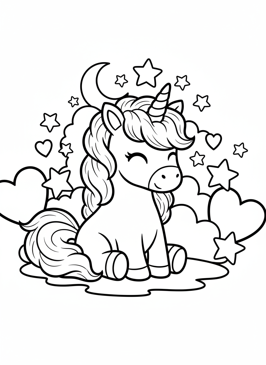 A kawaii unicorn with a fluffy mane and tail, sitting down with closed happy eyes and surrounded by stars and hearts