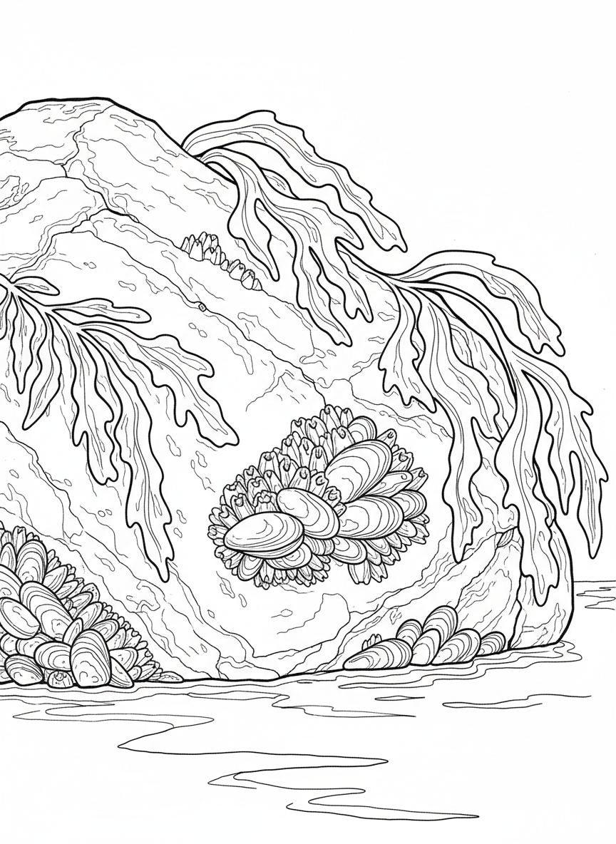 A group of mussels and barnacles clinging to a large boulder with seaweed draped across the surface.