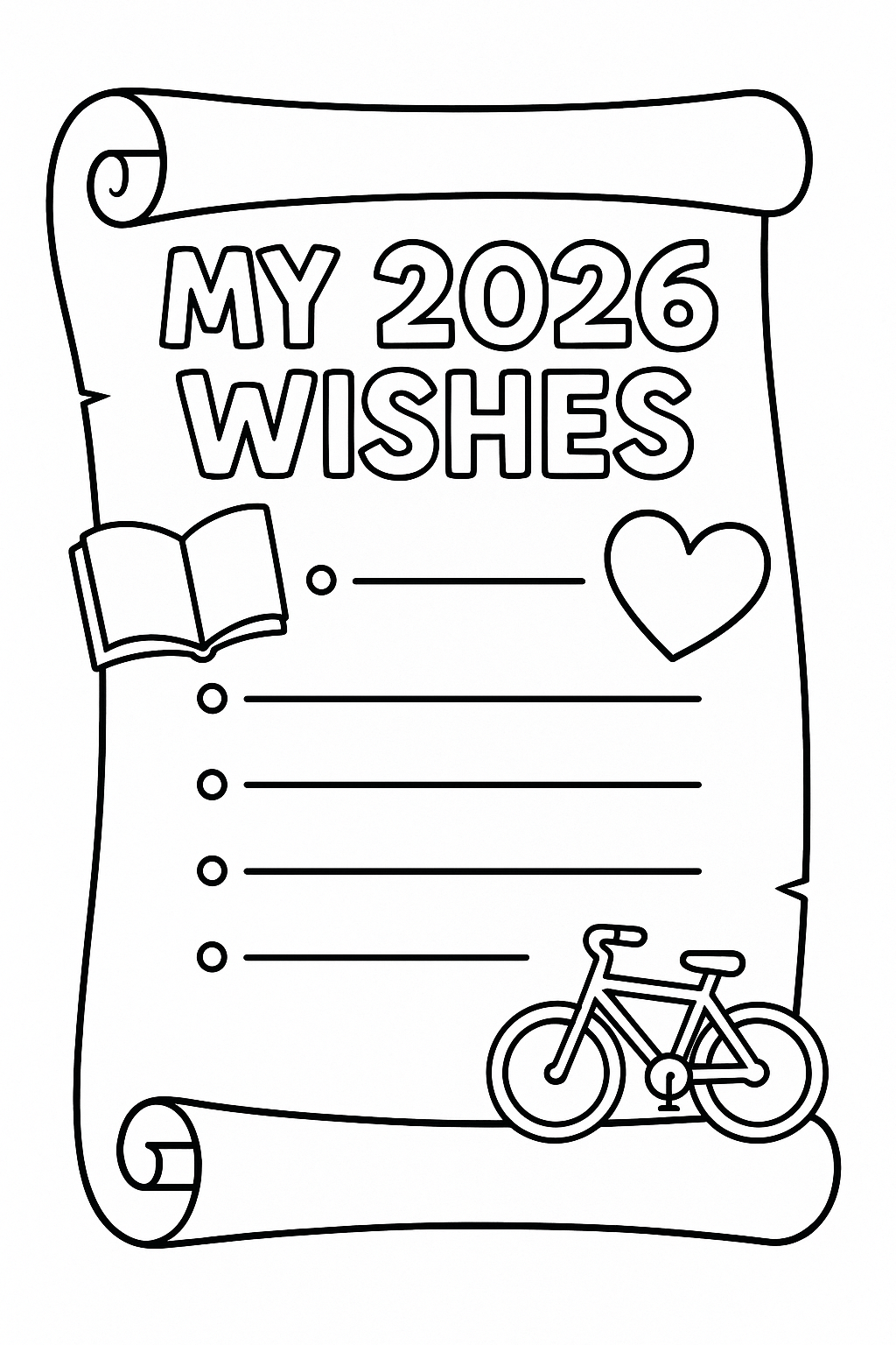 Resolution List: A fun scroll with the title "My 2026 Wishes" at the top, with empty bullet points and cute icons (a book, a heart, a bicycle) for kids to color.