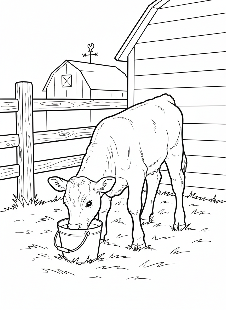 A young calf drinking milk from a bucket while standing in a barn stall with fresh straw.