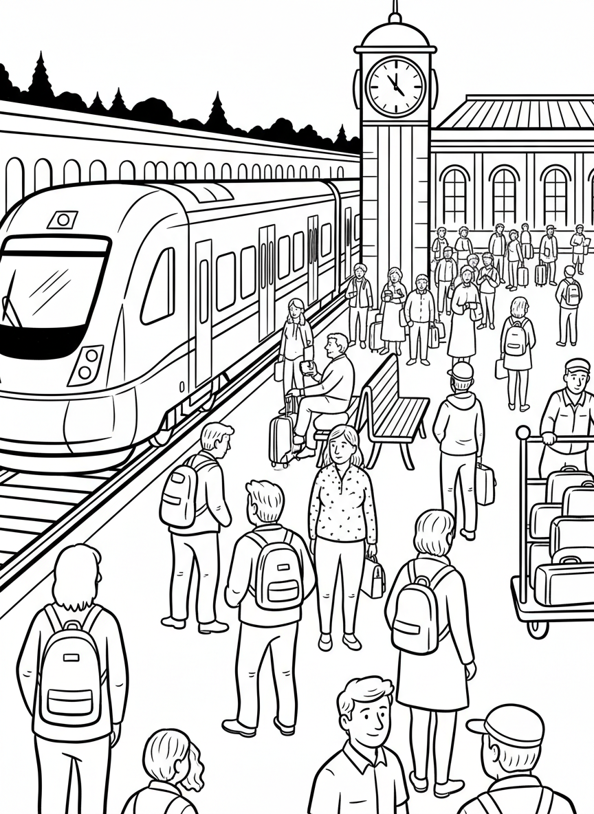 A busy train station platform with a modern passenger train arriving, showing benches, a clock tower, and passengers waiting with luggage.