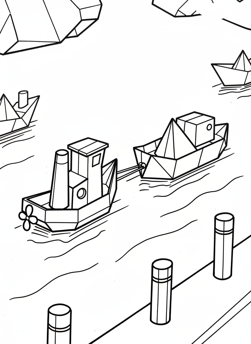 An origami tugboat with a square cabin and round smokestack, pulling a geometric barge through a harbor with dock pilings visible.