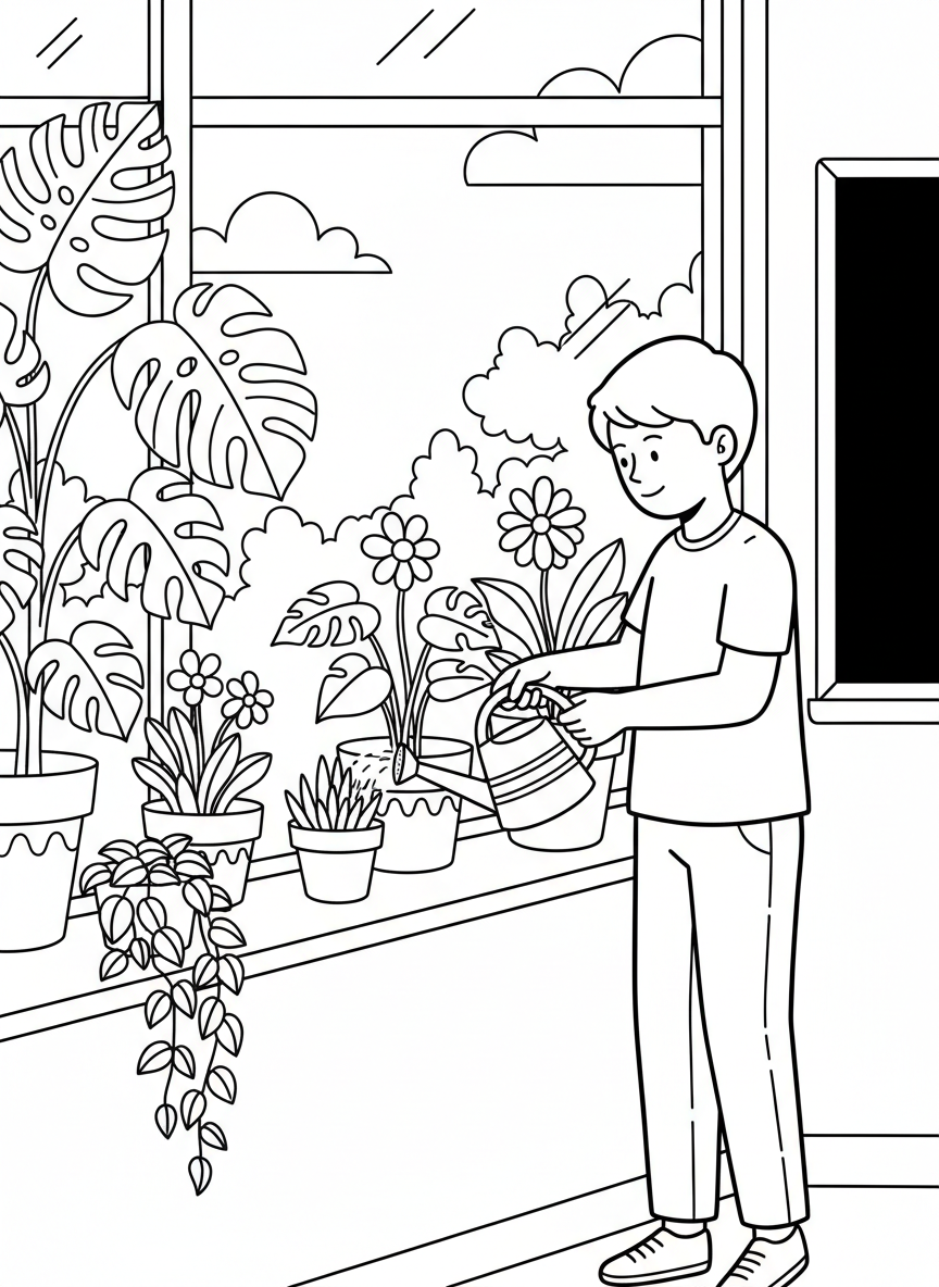 A student watering classroom plants with a small watering can, potted plants on windowsill, caring for nature theme