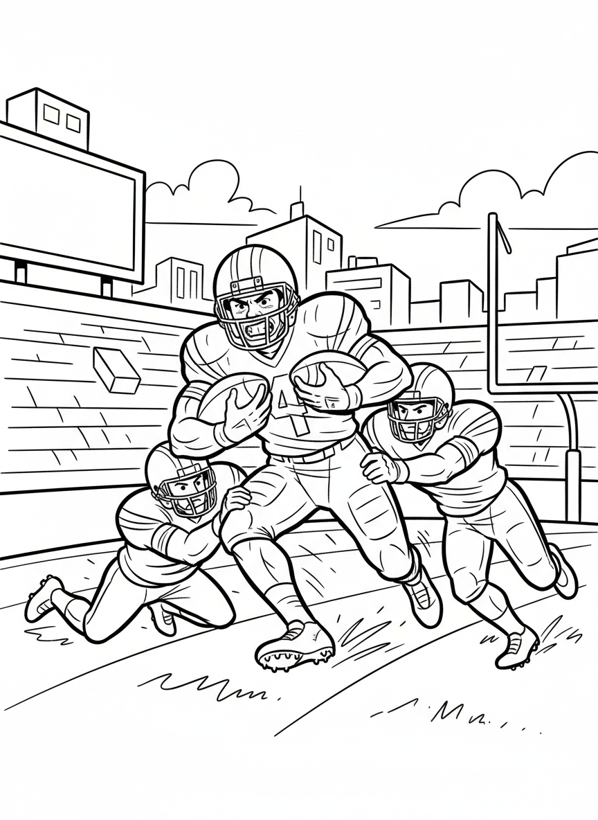 A football player running with the ball tucked under his arm, dodging opponents with determination on his face.