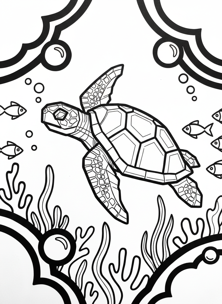 An origami sea turtle with hexagonal shell pattern made of folded paper segments, swimming peacefully with flippers extended, medium detail level