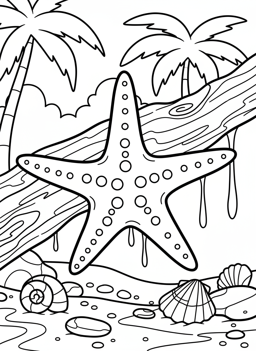 A starfish stretched across driftwood with tide pool water dripping down, seashells scattered at the base, beach scene composition.