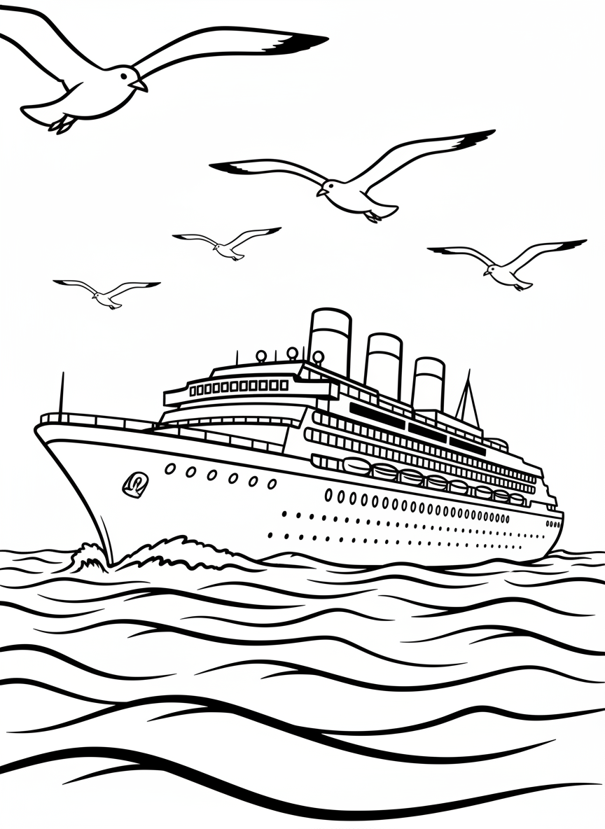 A detailed cruise ship with multiple decks, portholes, and smokestacks sailing across the ocean with seagulls flying nearby.