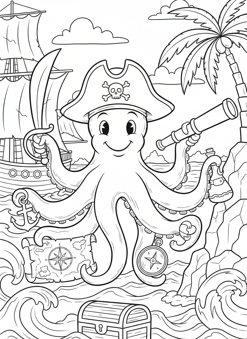 A friendly octopus wearing a pirate hat, with tentacles holding various pirate items like a sword, map, compass, and spyglass