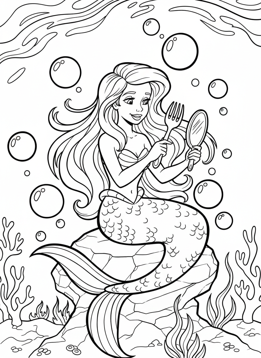 A mermaid brushing her long hair with a fork while looking in a hand mirror, surrounded by floating bubbles