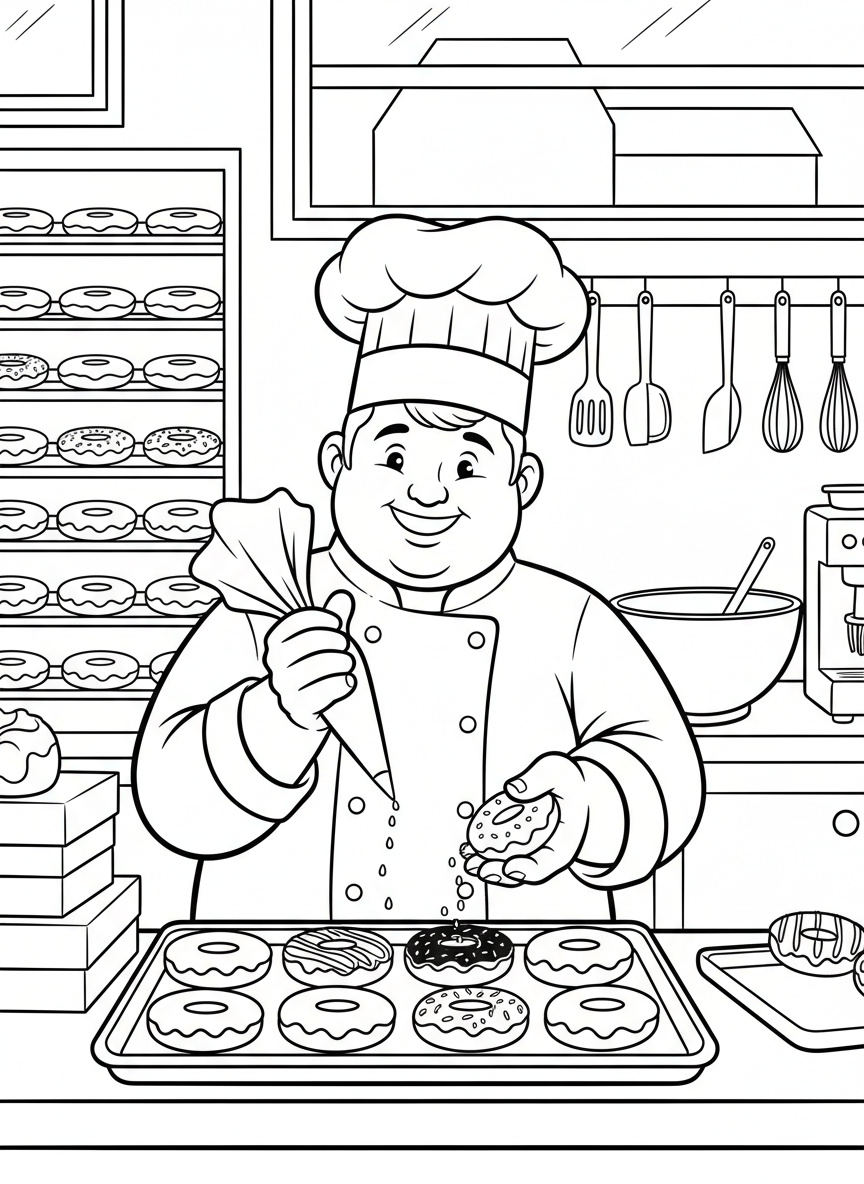 A donut chef decorating other donuts with frosting and sprinkles in a bakery kitchen, wearing a chef's hat