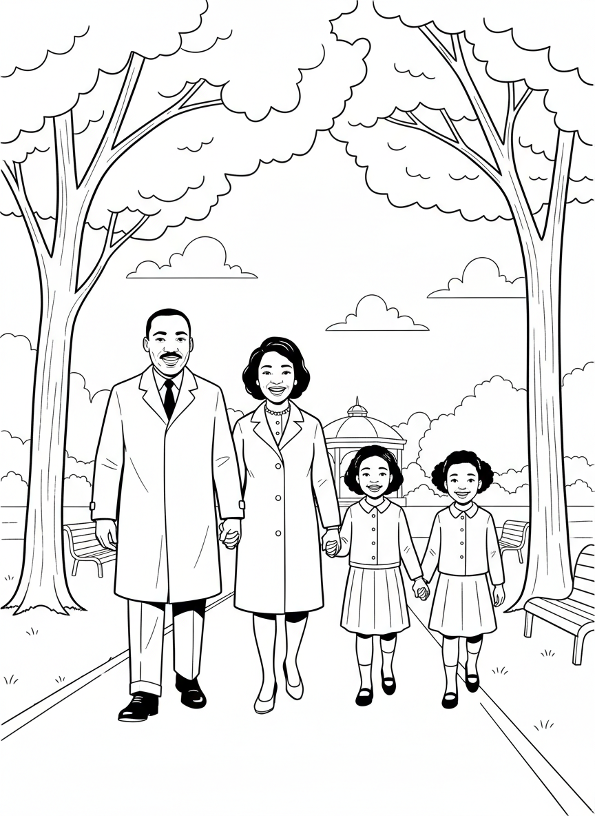 Martin Luther King Jr. with his family walking together in a park, holding hands and smiling