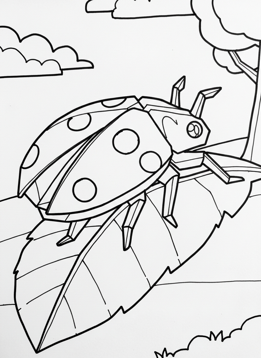 An origami ladybug with spotted wing covers, showing crisp paper fold lines and triangular body segments, sitting on a leaf
