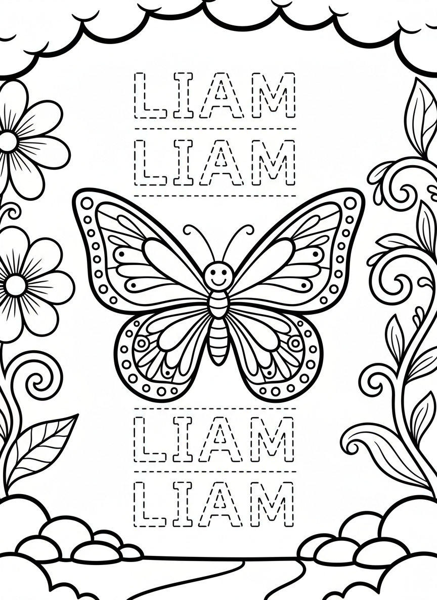 A smiling butterfly with decorative wings above three handwriting rows showing the name 'LIAM' in dashed outline letters, clean black and white design