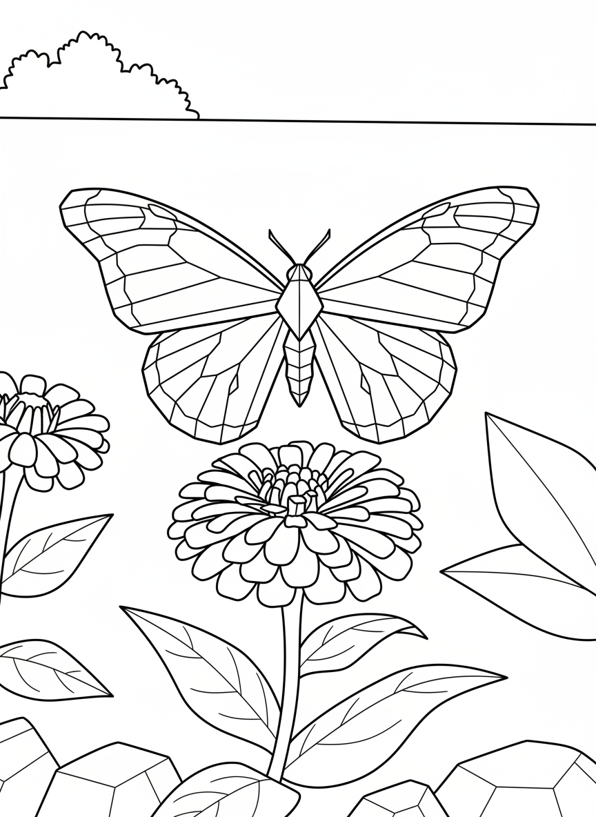 A colorful origami monarch butterfly with symmetrical wings showing fold lines, perched on a garden flower stem