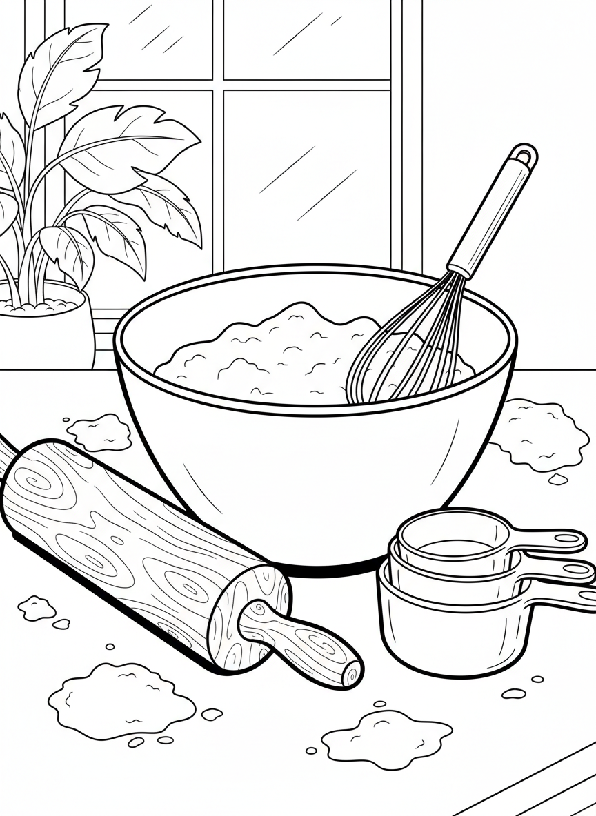 A rolling pin, mixing bowl, whisk, and measuring cups arranged on a kitchen counter with flour scattered around