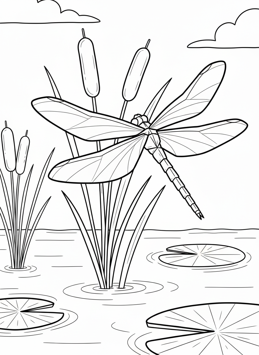 A playful origami dragonfly with four diamond-shaped wings and a segmented body, hovering above cattails in a pond scene