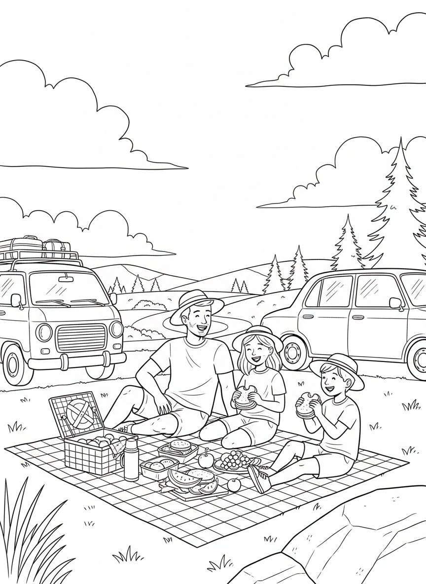 Summer Vacation coloring page prompts capturing travel adventures, relaxed days, family trips, and sunny escapes.	A family picnic at a scenic stop along the journey, food spread out beneath open skies.