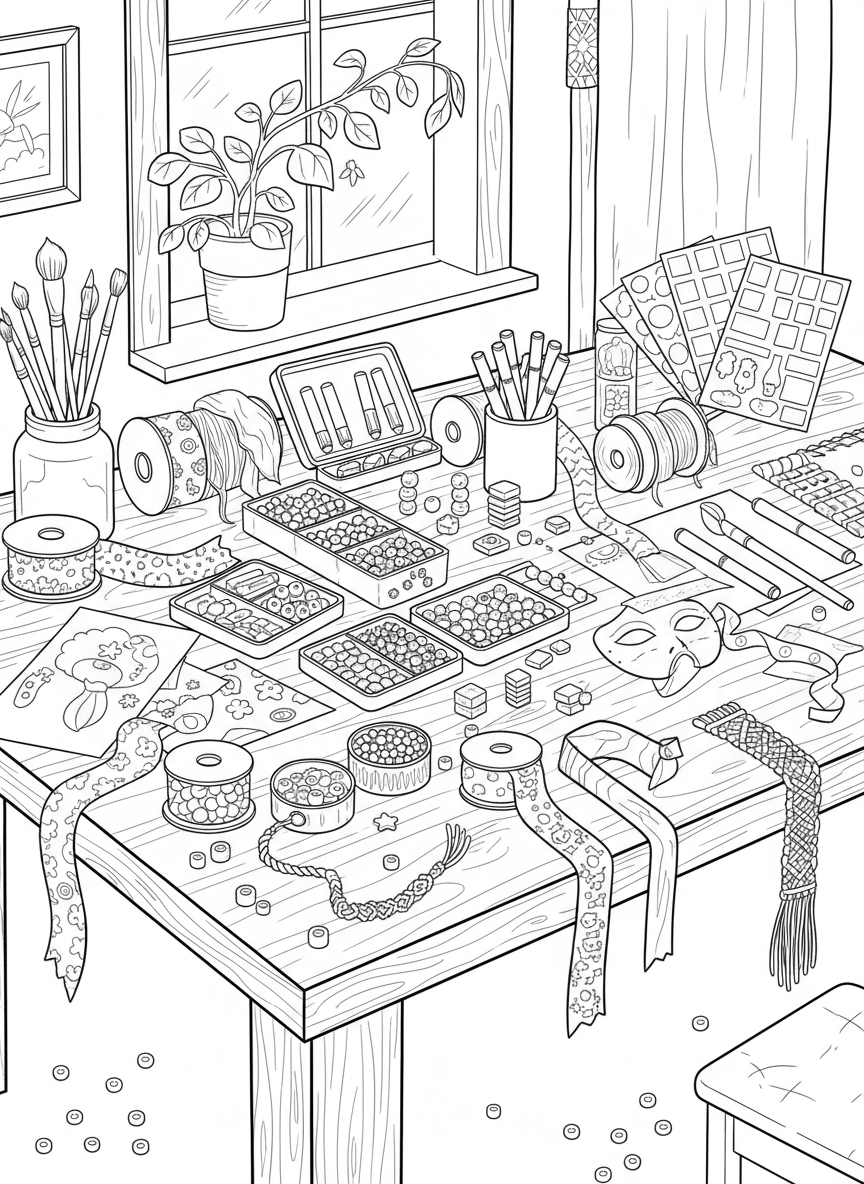 A craft table covered in beads, ribbons, markers, stickers, and unfinished handmade projects arranged neatly in containers.