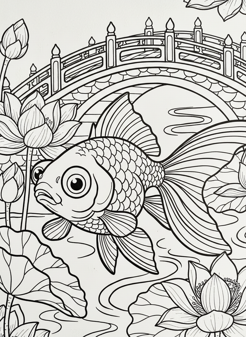 A fancy goldfish with bubble eyes and double tail near a decorative bridge ornament and lotus flowers