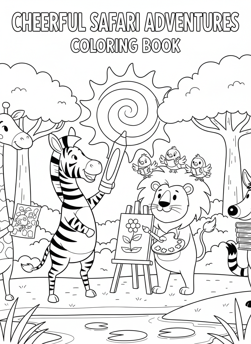 Cheerful animals coloring book cover, full-color whimsical illustration with cartoon zebras, lions, and birds in a savanna scene. Title-safe area at top.