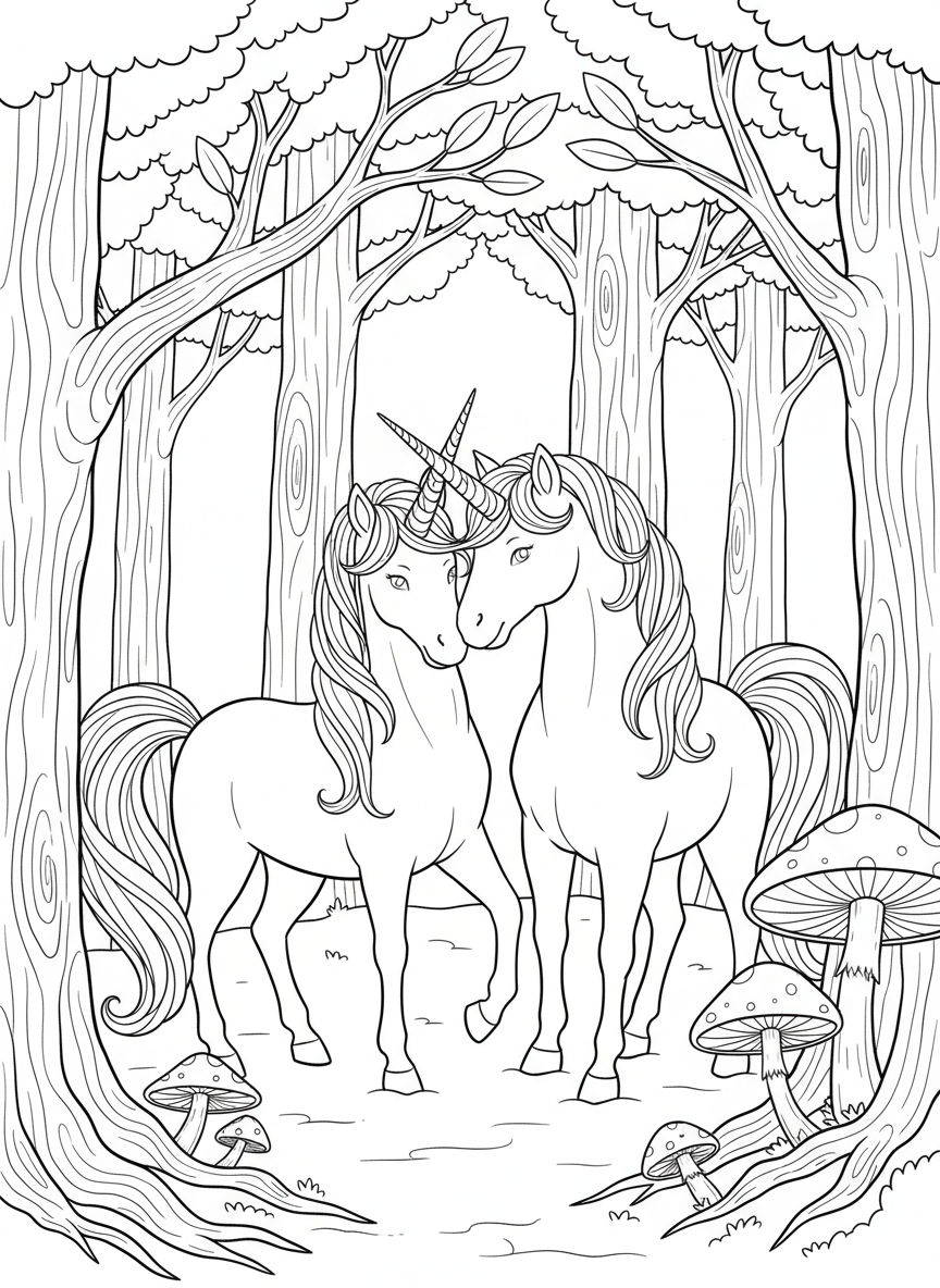 Two unicorns nuzzling each other in a forest clearing, friendship scene with trees and mushrooms in background