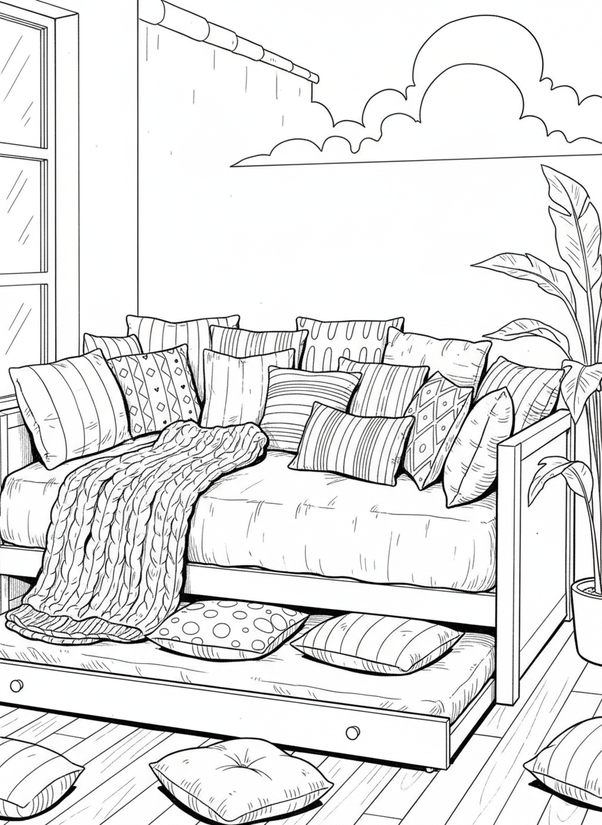 A cozy daybed with trundle underneath, decorated with multiple throw pillows and a knitted blanket draped over the side