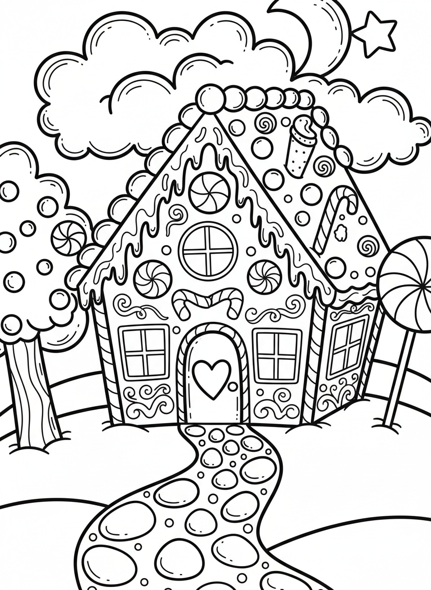 A cute gingerbread house with candy decorations, frosting details, and a gumdrop path