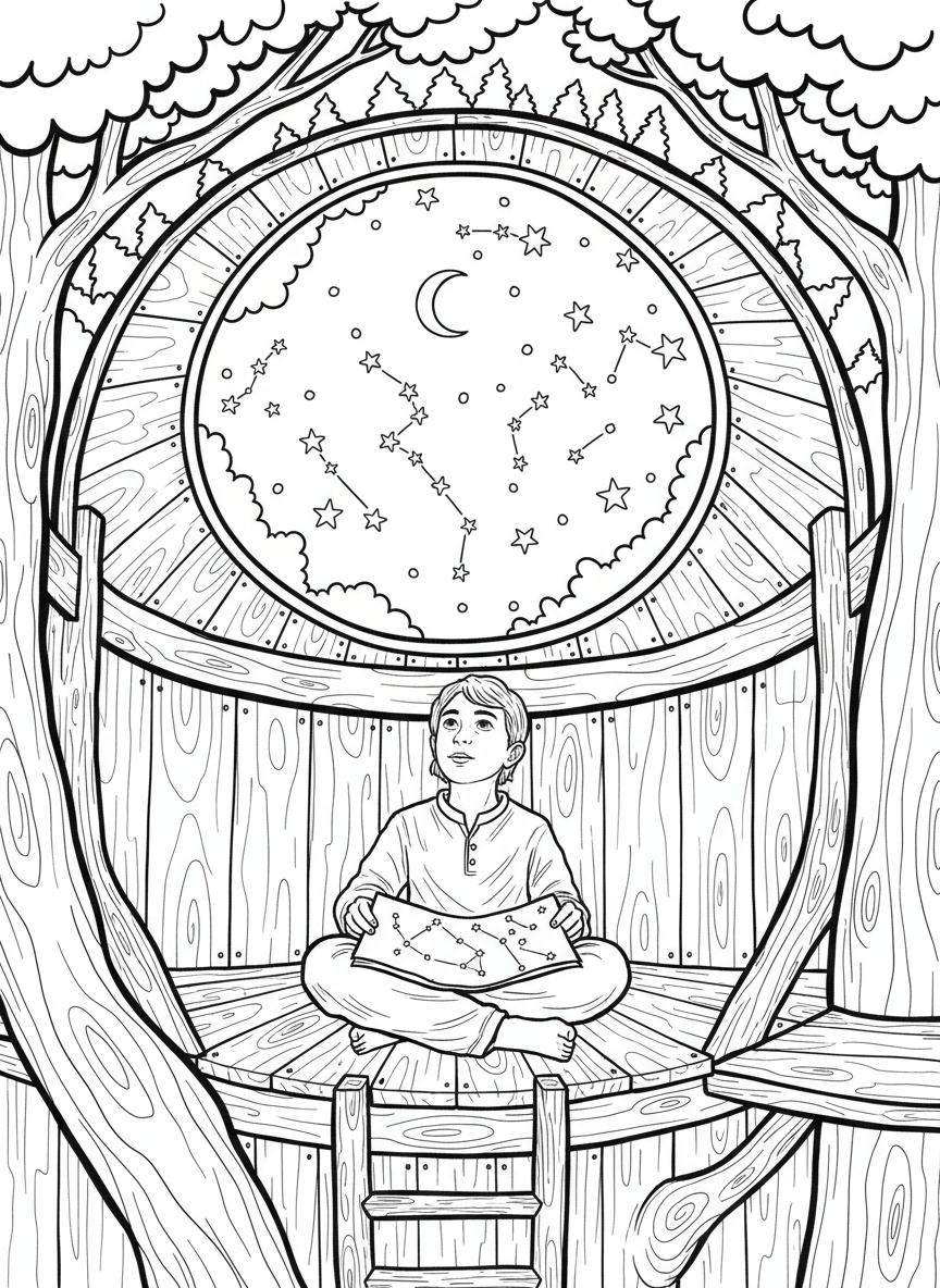 A child sitting in a treehouse observatory with a star chart spread out on their lap, looking up at a sky filled with simple constellation patterns.