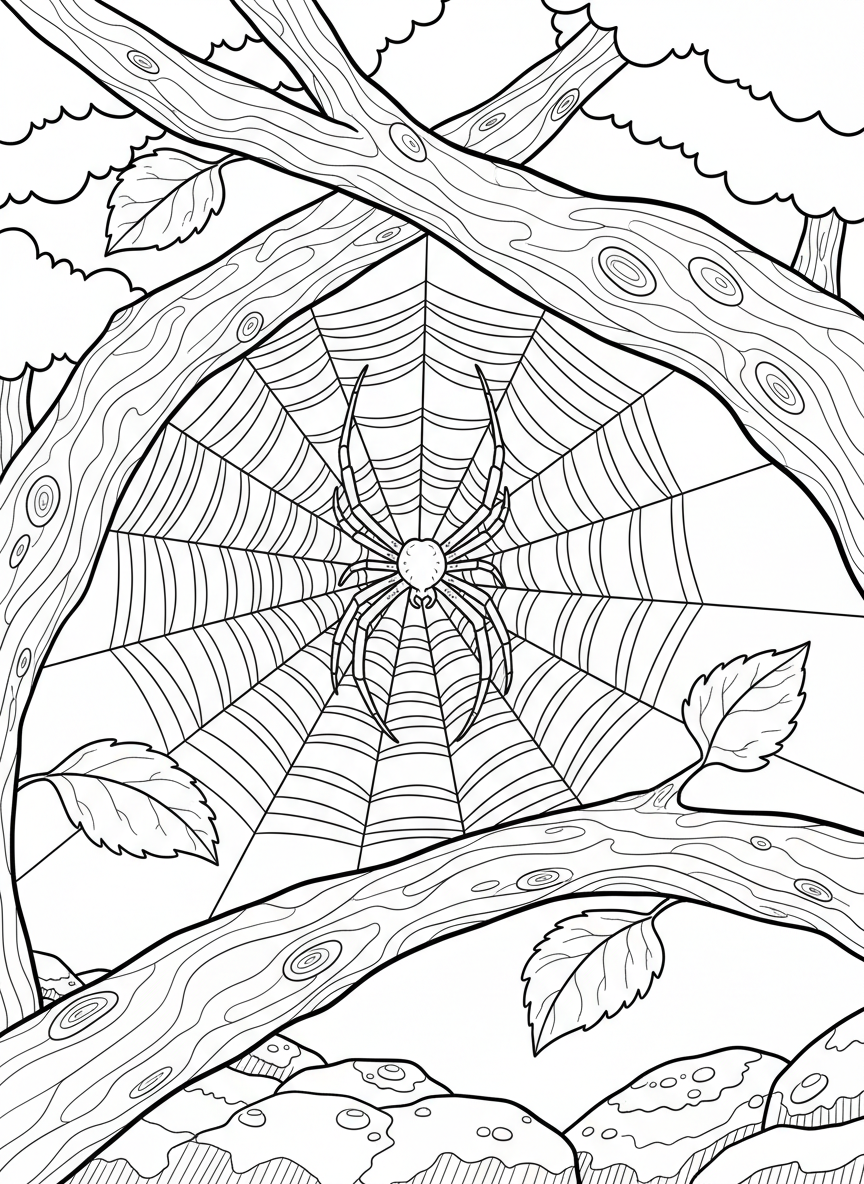 A spider spinning an intricate geometric web between two tree branches with morning dew drops, detailed pattern for advanced coloring.