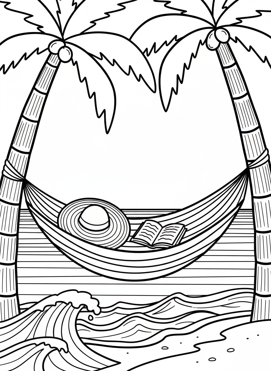A hammock tied between two palm trees on a peaceful beach, with a sun hat and book resting nearby, ocean in the distance.