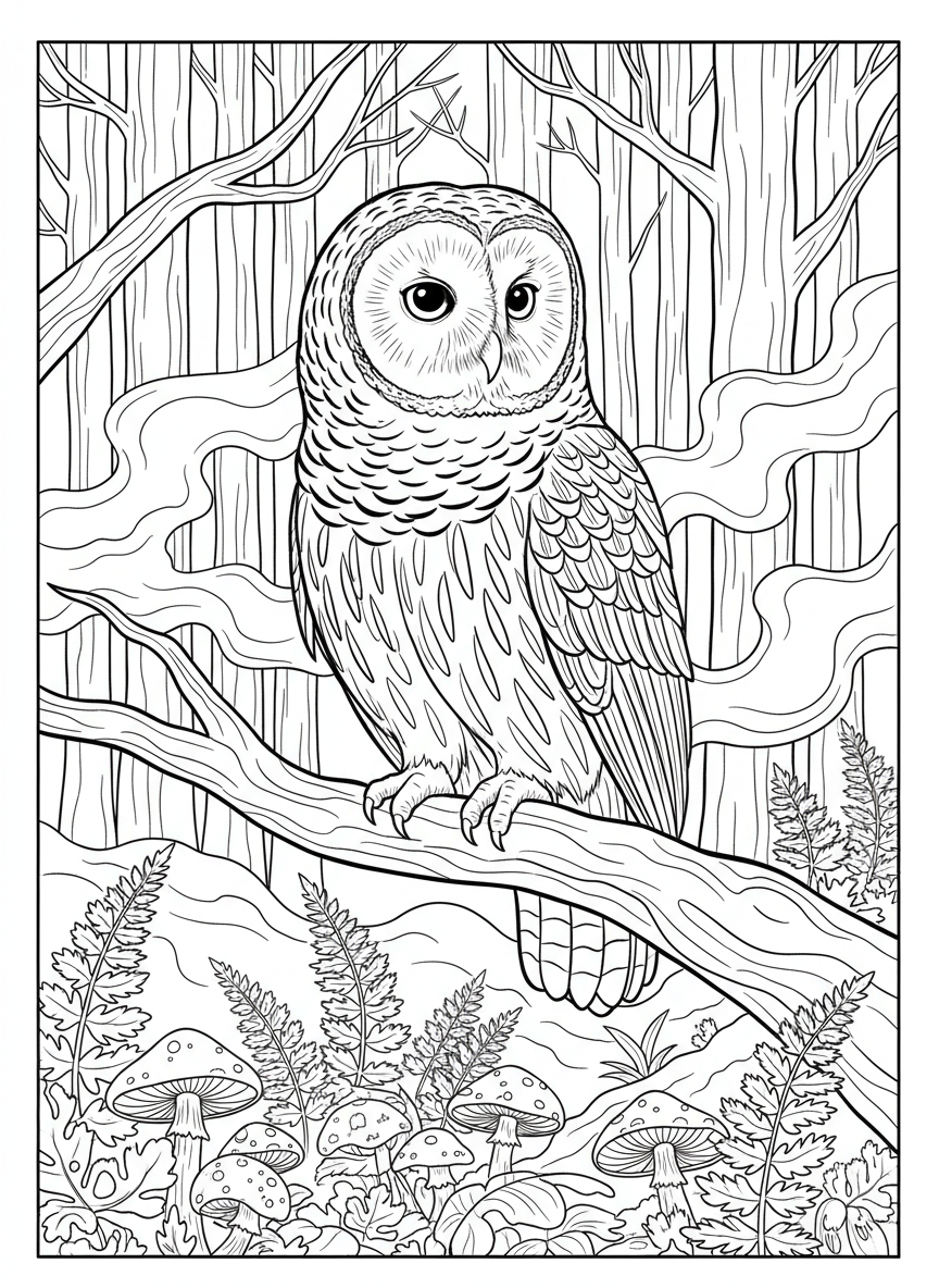 A barred owl perched in a misty forest with ferns and mushrooms at the base of the tree.