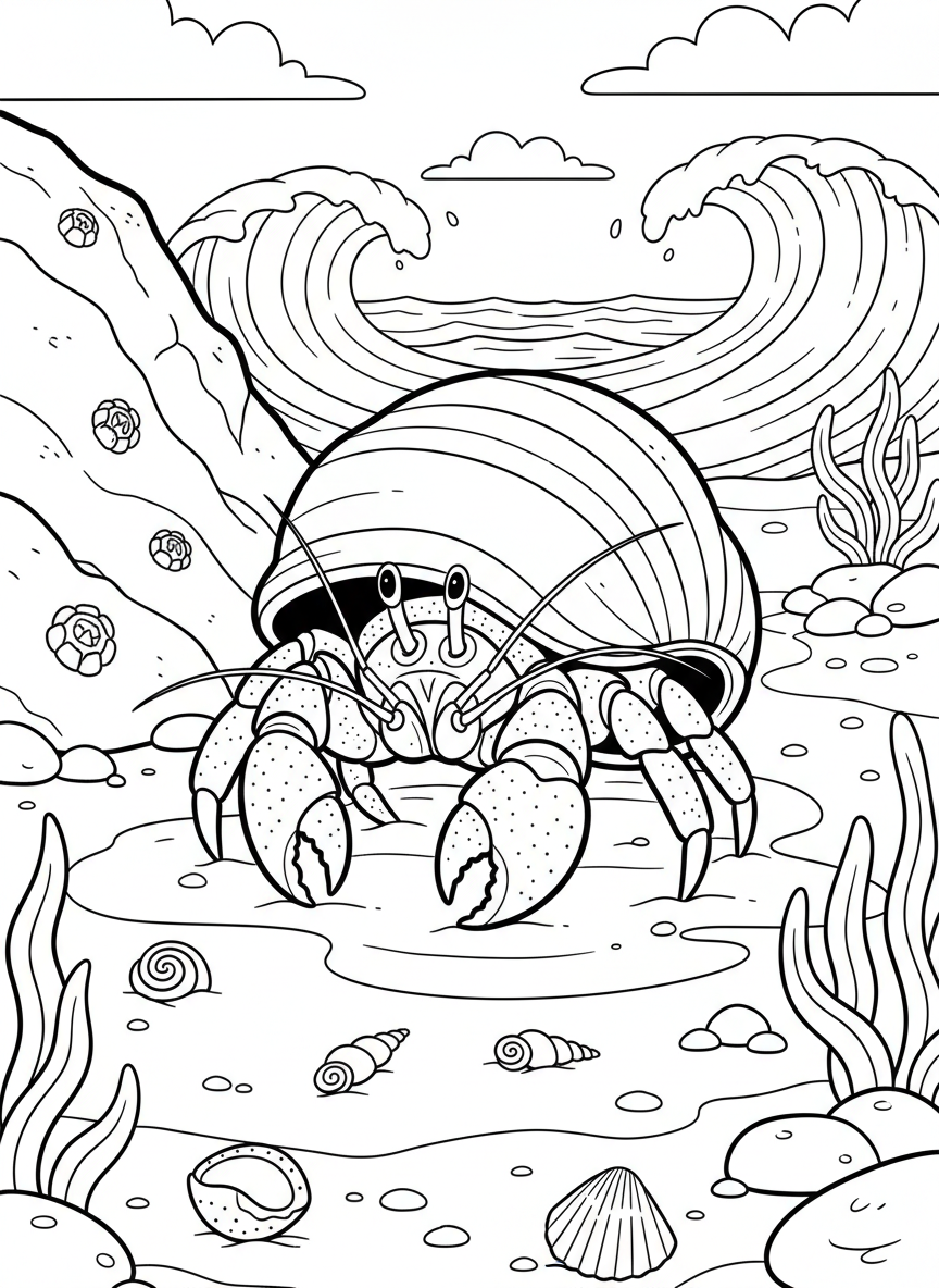 A hermit crab peeking out from a spiral shell, with its claws visible, standing on sandy tide pool floor with tiny shells scattered around.