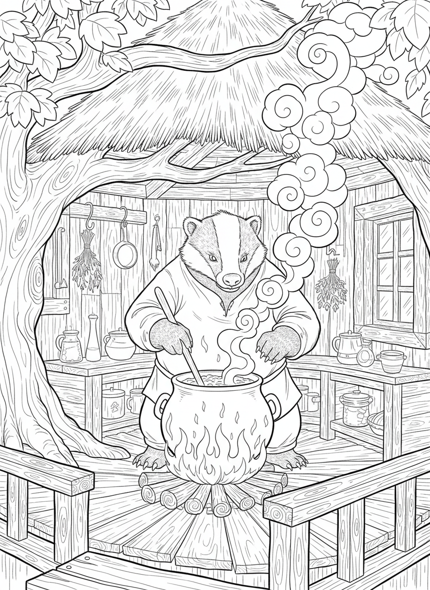 A badger stirring a cauldron of vegetable stew over a fire pit in a rustic treehouse kitchen, steam rising up.