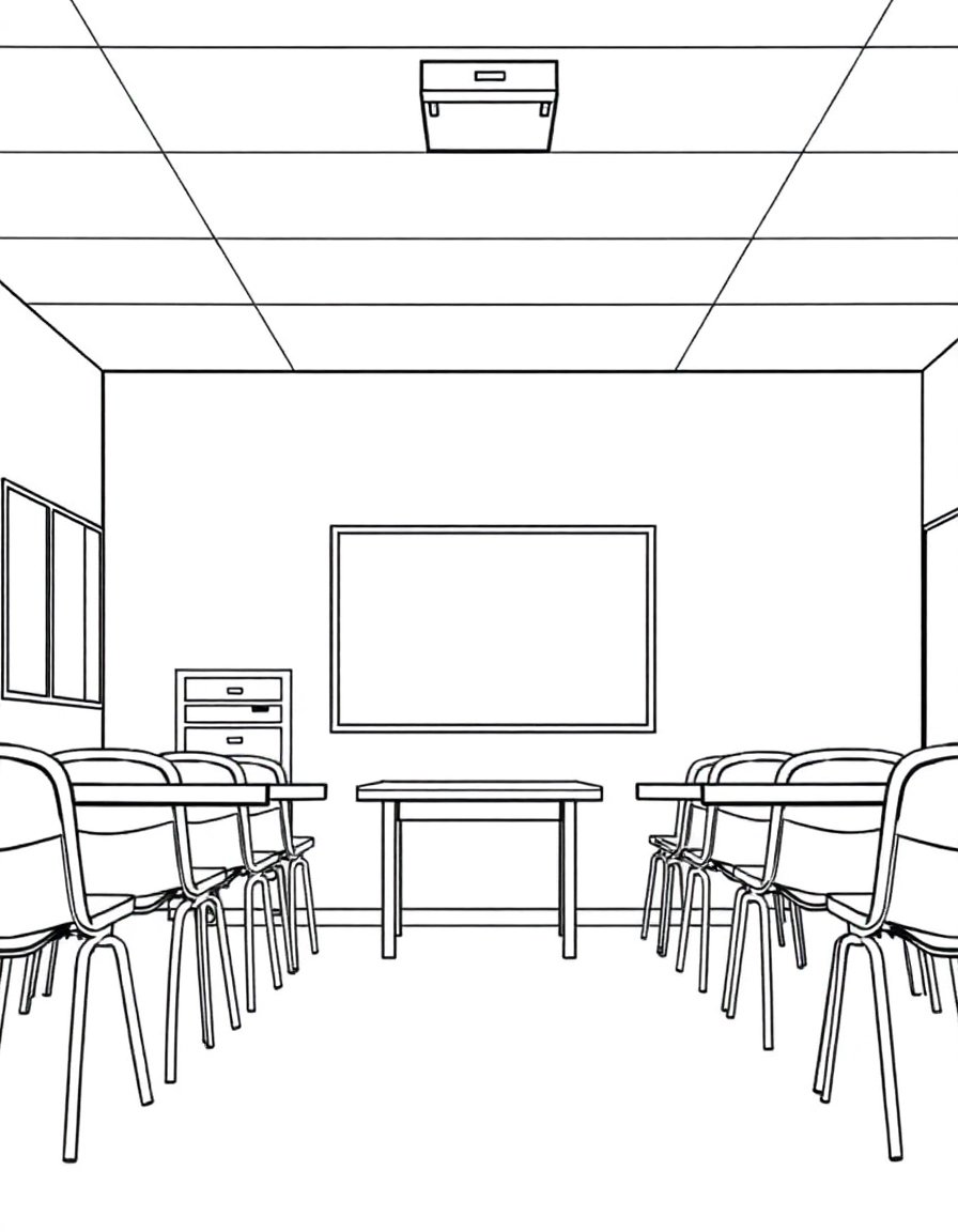 Last Day of School coloring page prompts capturing celebration, relief, nostalgia, and the start of summer freedom.	A quiet classroom after dismissal, chairs stacked and sunlight filling the empty space.