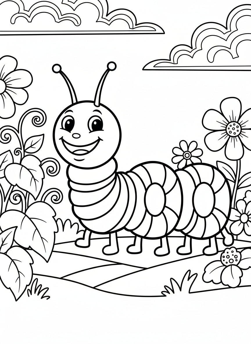 The number 100 decorated like a caterpillar with segments, antennae, and a happy face