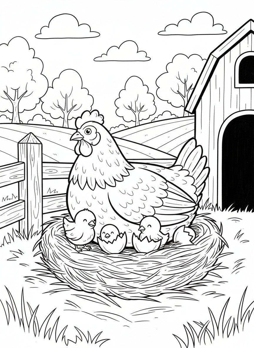 A mother hen sitting on her nest with baby chicks hatching around her, showing farm life cycle.