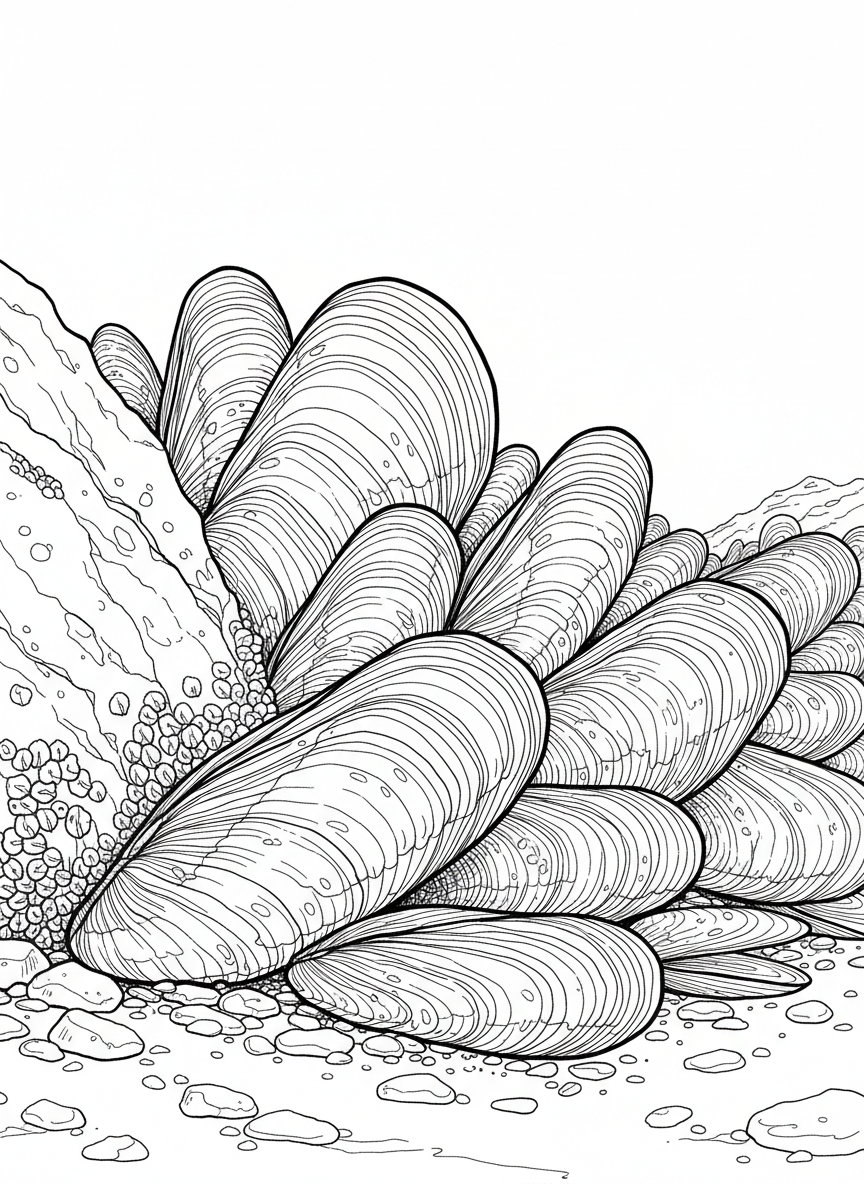 A detailed close-up of mussel shells showing their ridged texture and growth lines, perfect for older children who enjoy detail