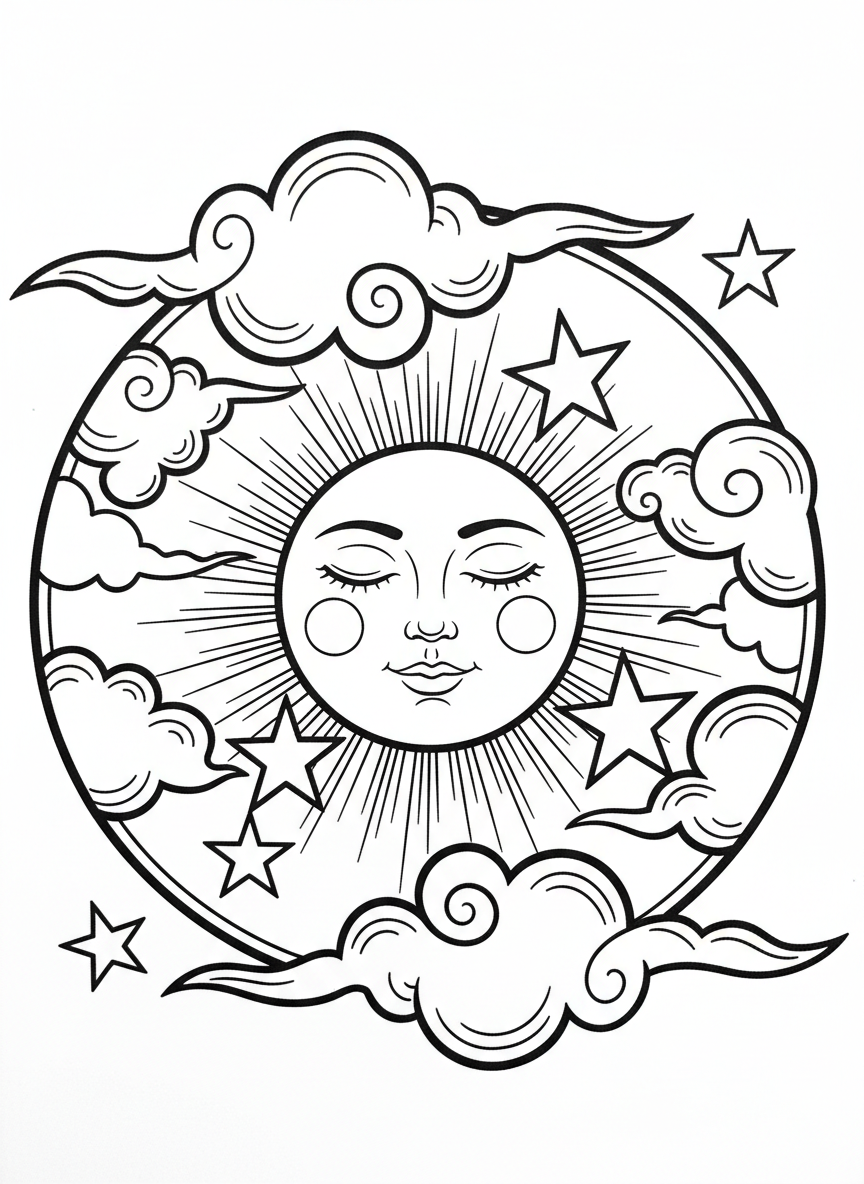 A round ornament design featuring a peaceful sleeping moon face surrounded by twinkling stars and swirling clouds