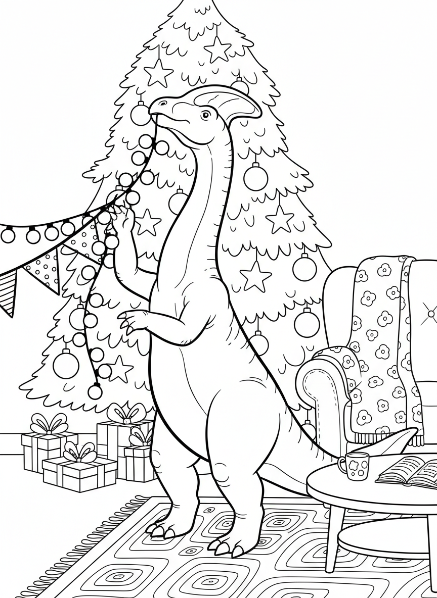 A Corythosaurus decorating with string lights and bunting flags for a cozy party setup, festive home décor.